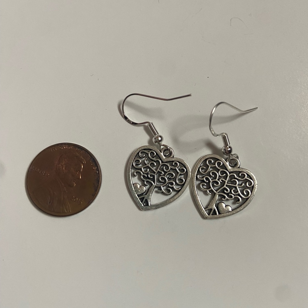 New Handmade tree of life heart earrings with sterling silver ear wire
